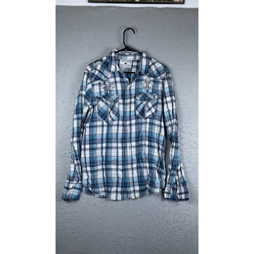 POP ICON CLOTHING Shirt Mens Medium Blue Plaid Long Sleeve Snap Western